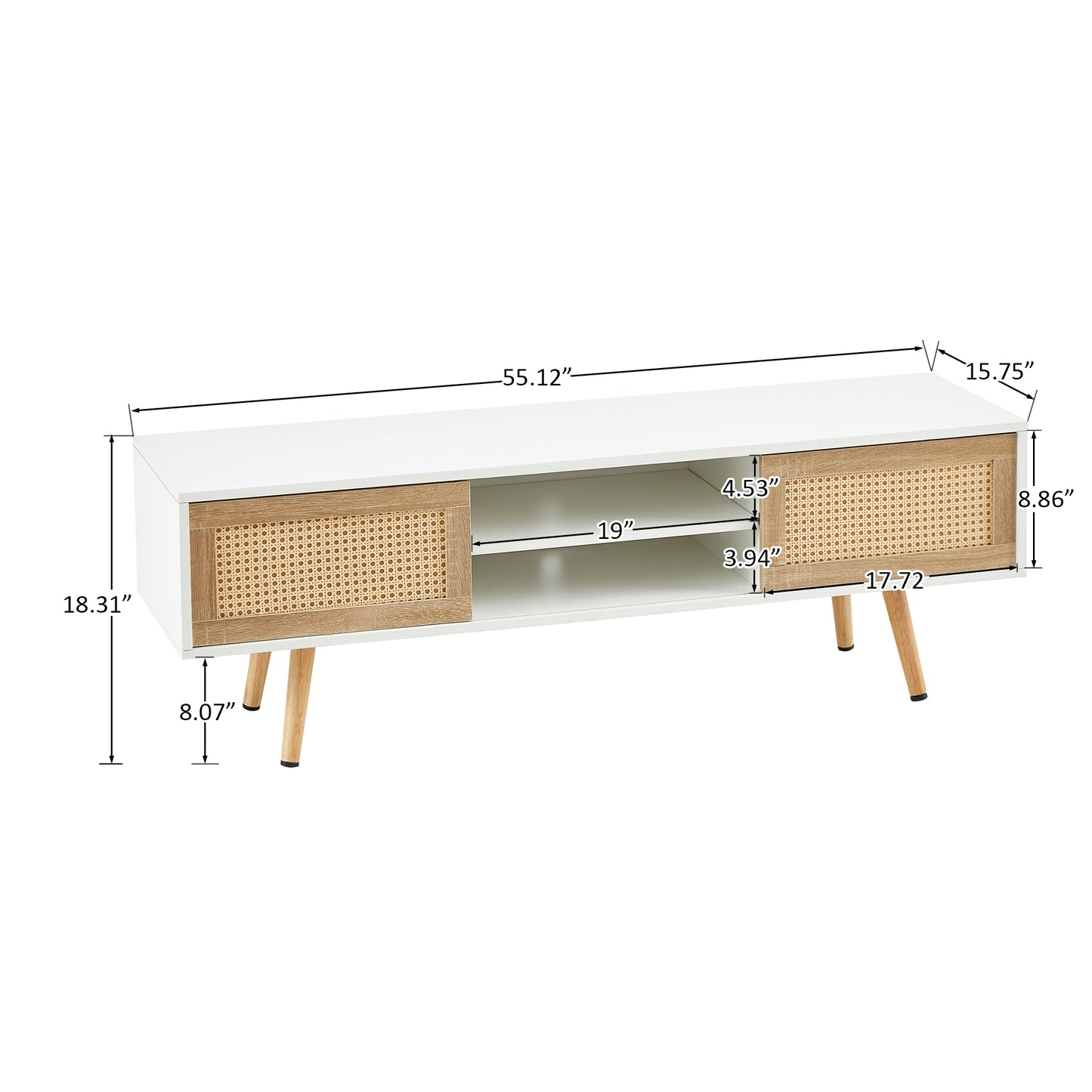 55.12" Rattan TV cabinet double sliding doors for storage adjustable shelf solid wood legs TV console for living room White
