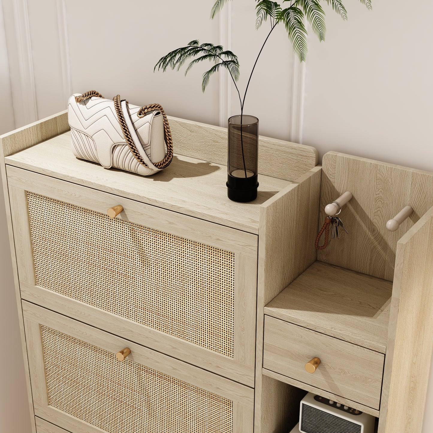Natural Bohemian style shoe cabinet with 3 rattan flip drawers, 3 square shelves, and 1 storage drawer, Natural