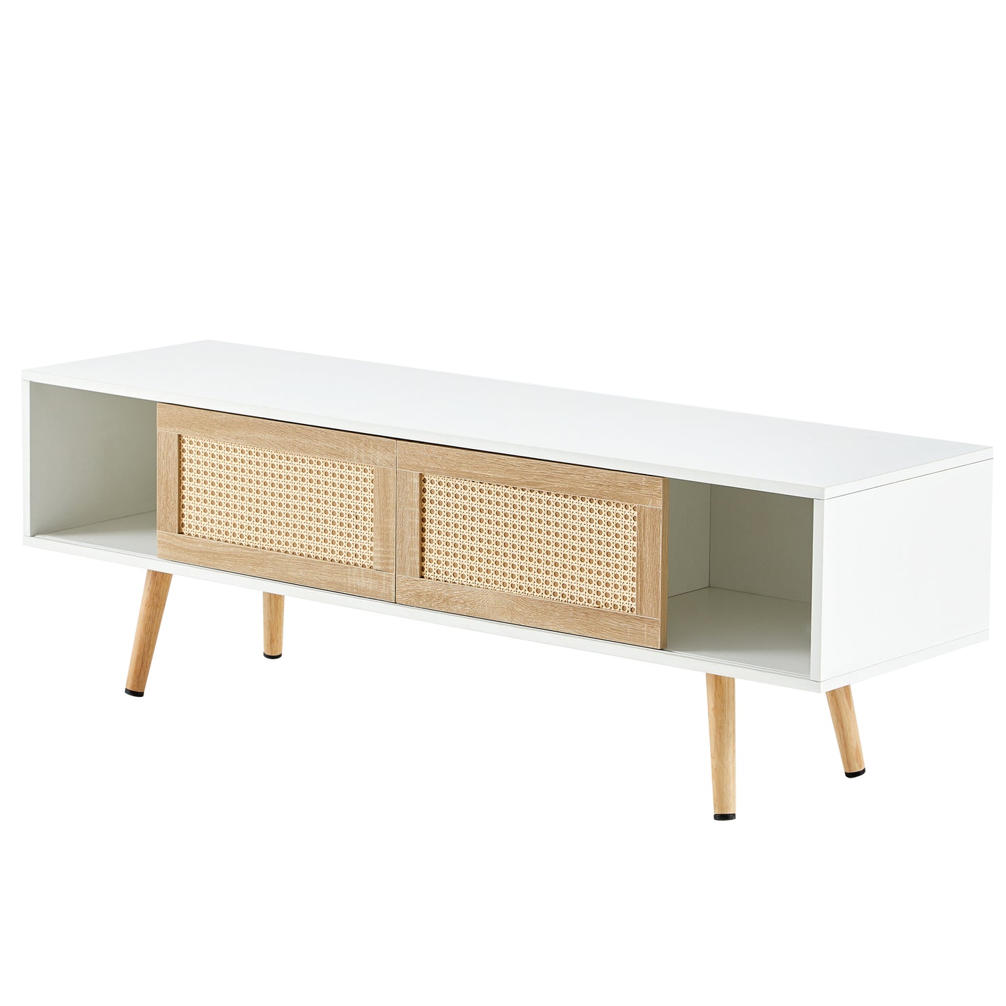 55.12" Rattan TV cabinet double sliding doors for storage adjustable shelf solid wood legs TV console for living room White