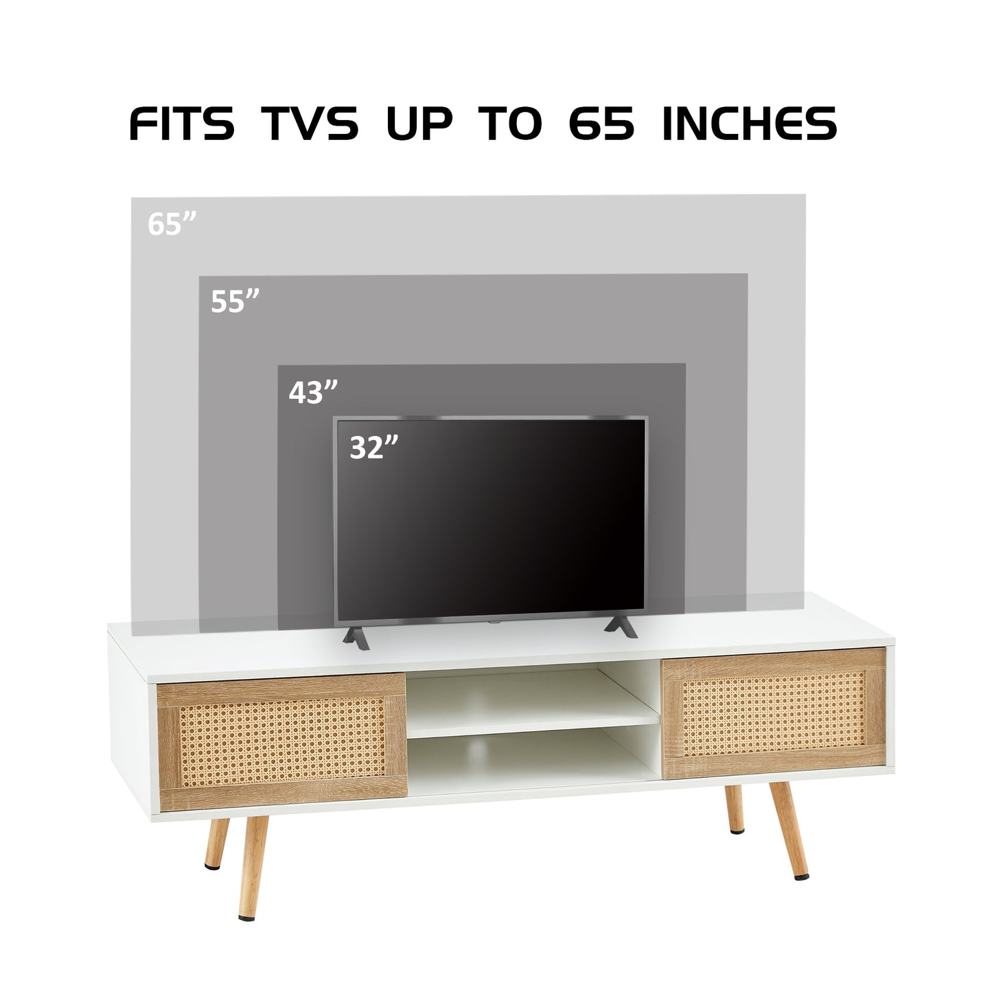 55.12" Rattan TV cabinet double sliding doors for storage adjustable shelf solid wood legs TV console for living room White