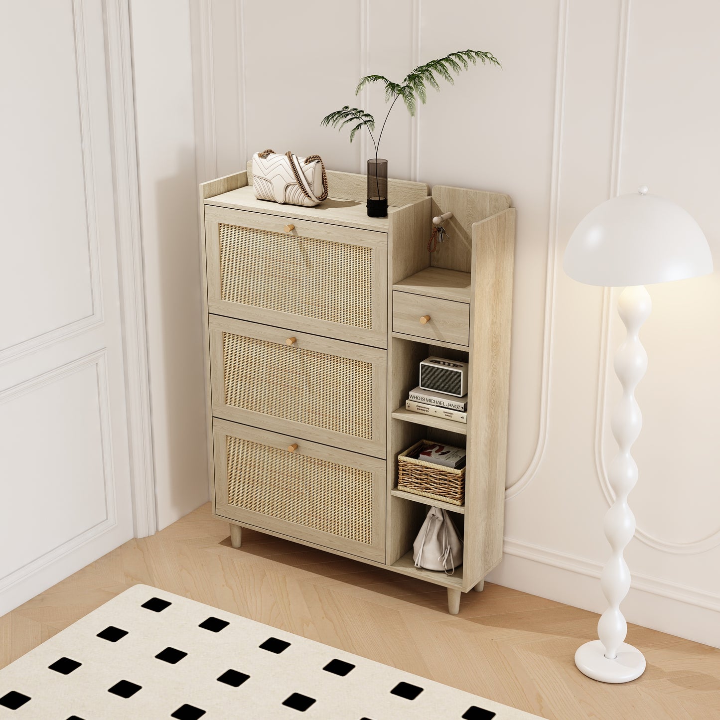 Natural Bohemian style shoe cabinet with 3 rattan flip drawers, 3 square shelves, and 1 storage drawer, Natural