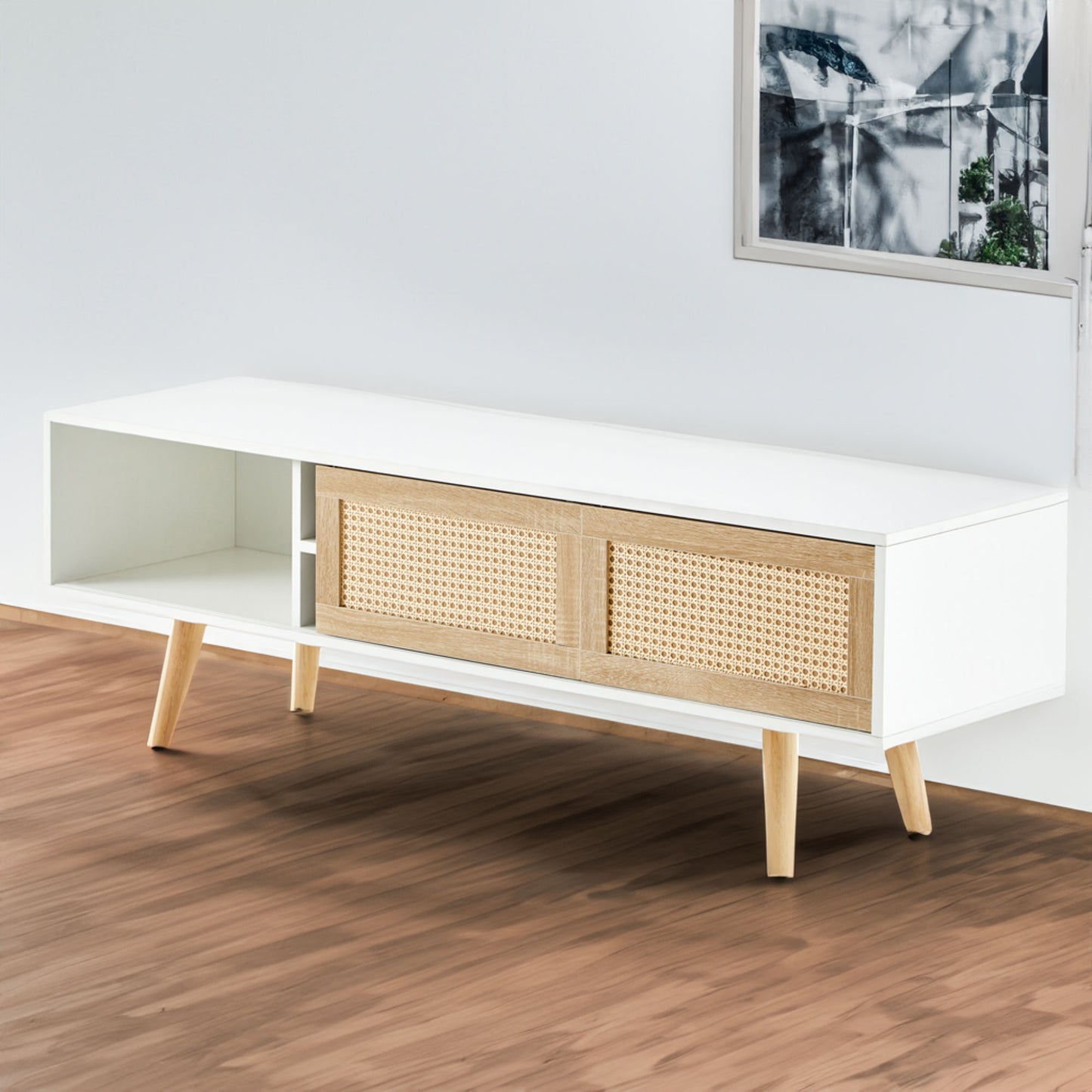 55.12" Rattan TV cabinet double sliding doors for storage adjustable shelf solid wood legs TV console for living room White