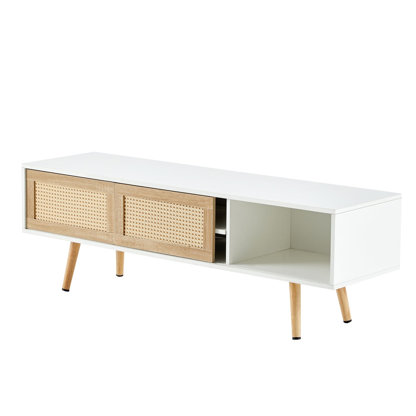 55.12" Rattan TV cabinet double sliding doors for storage adjustable shelf solid wood legs TV console for living room White