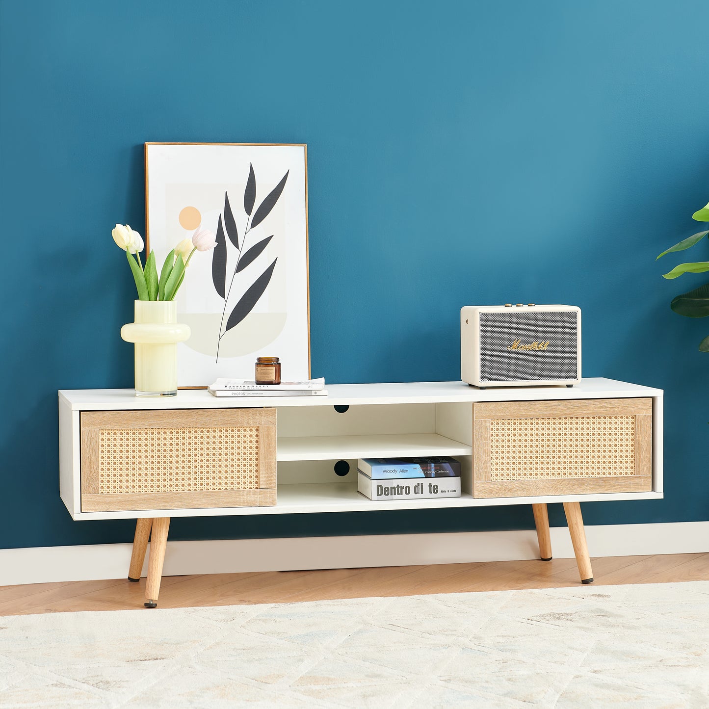 55.12" Rattan TV cabinet double sliding doors for storage adjustable shelf solid wood legs TV console for living room White