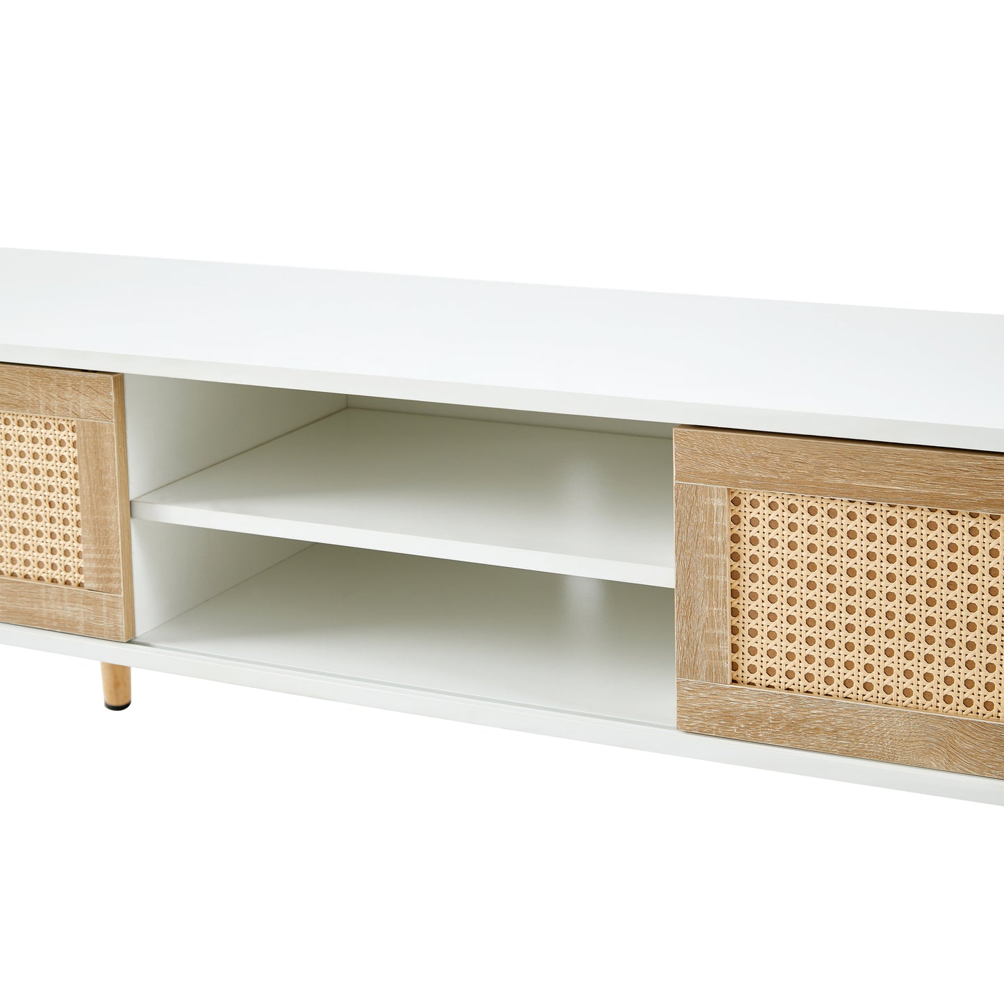 55.12" Rattan TV cabinet double sliding doors for storage adjustable shelf solid wood legs TV console for living room White