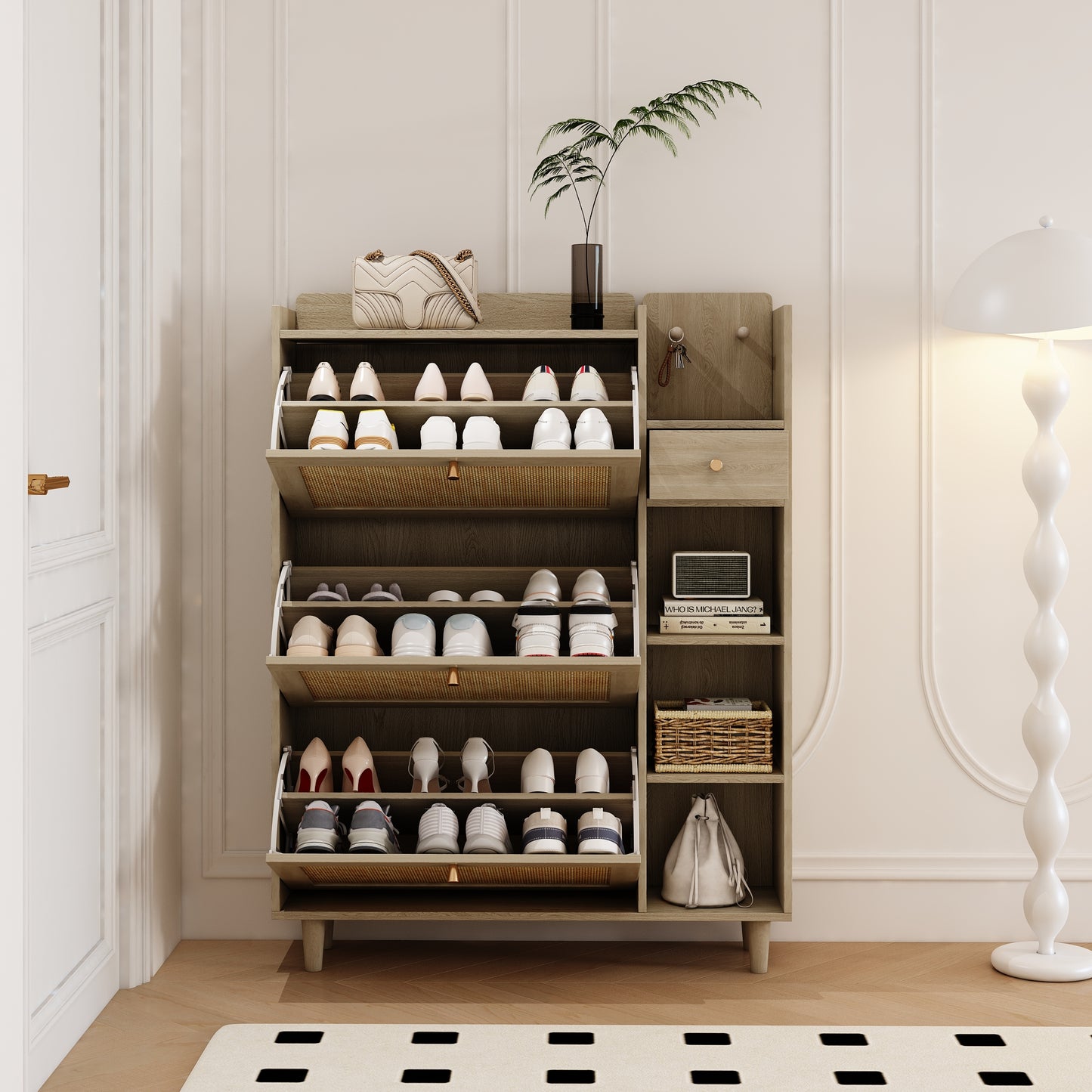 Natural Bohemian style shoe cabinet with 3 rattan flip drawers, 3 square shelves, and 1 storage drawer, Natural