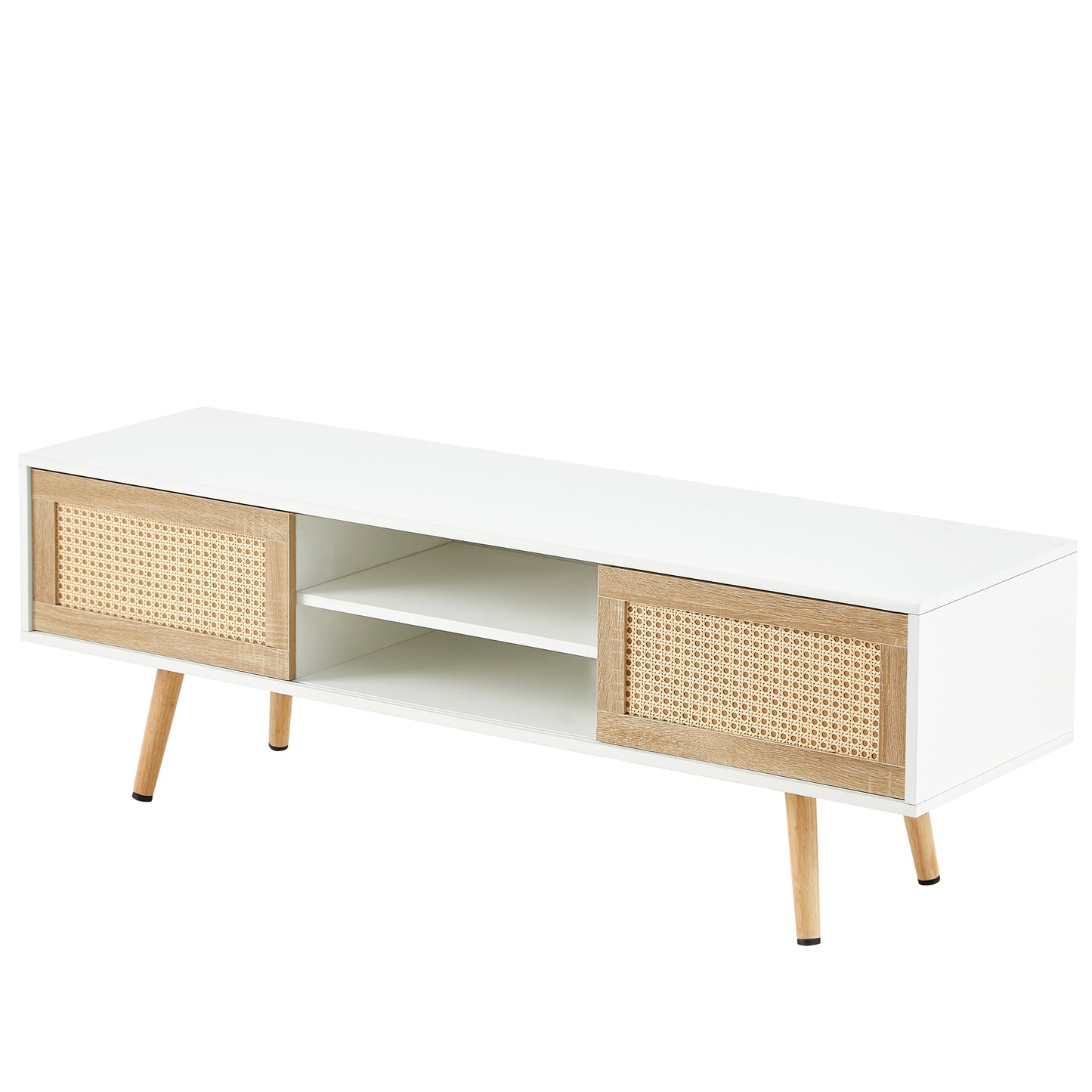55.12" Rattan TV cabinet double sliding doors for storage adjustable shelf solid wood legs TV console for living room White