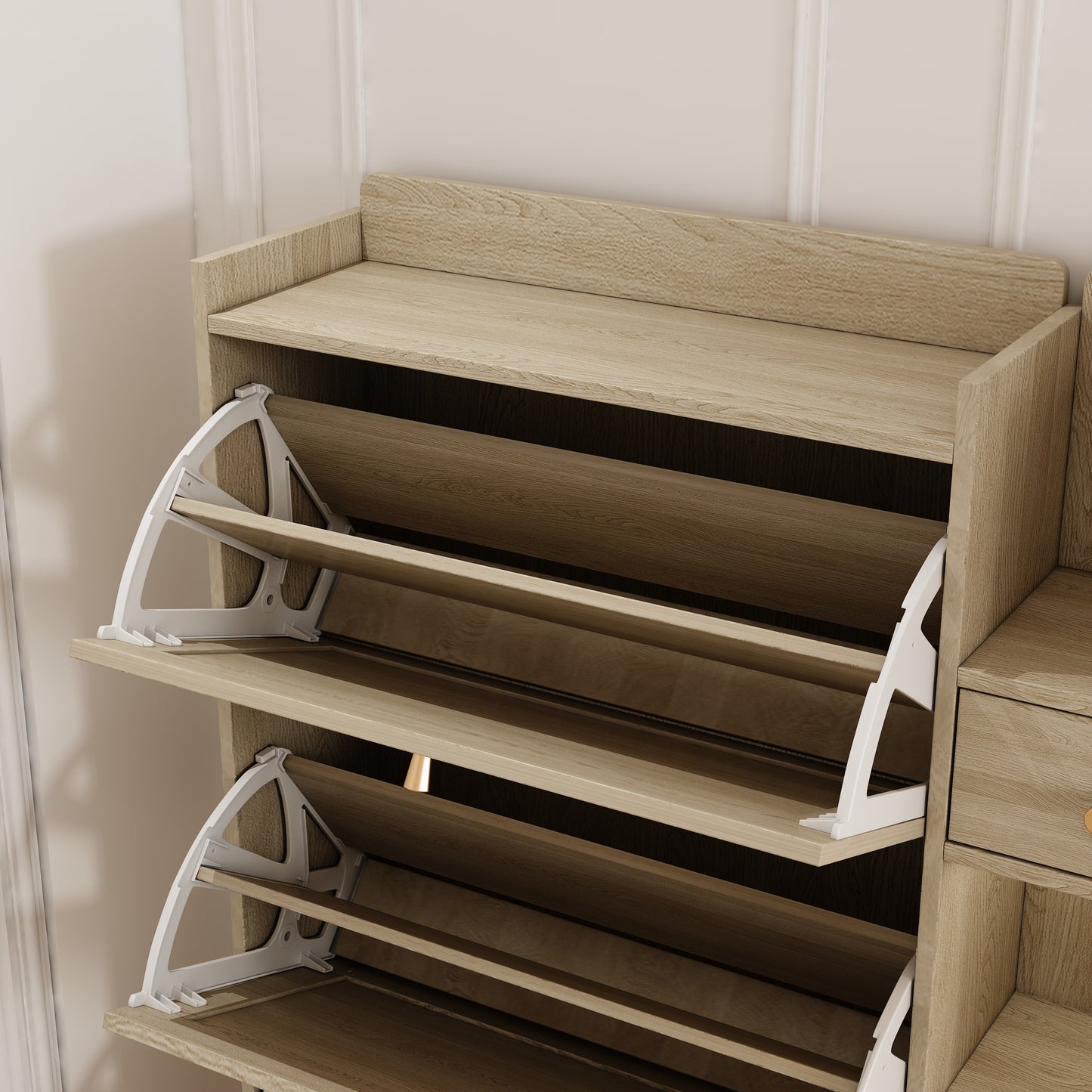 Natural Bohemian style shoe cabinet with 3 rattan flip drawers, 3 square shelves, and 1 storage drawer, Natural