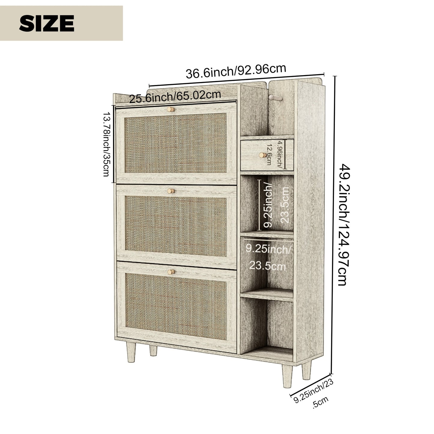 Natural Bohemian style shoe cabinet with 3 rattan flip drawers, 3 square shelves, and 1 storage drawer, Natural