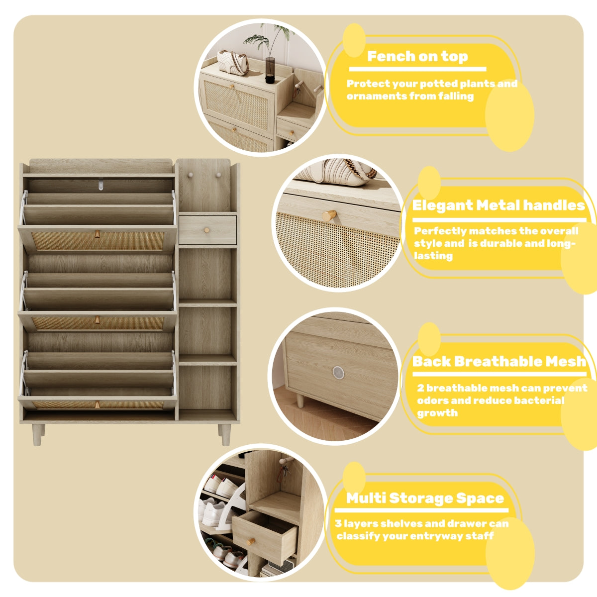 Natural Bohemian style shoe cabinet with 3 rattan flip drawers, 3 square shelves, and 1 storage drawer, Natural
