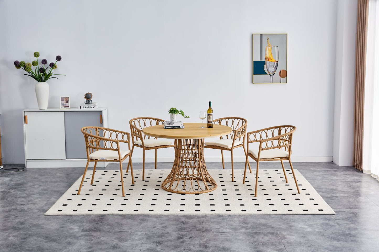 Outdoor dining set of 5 simple bamboo dinning table PE ratten round table 110CM plastic wood top
