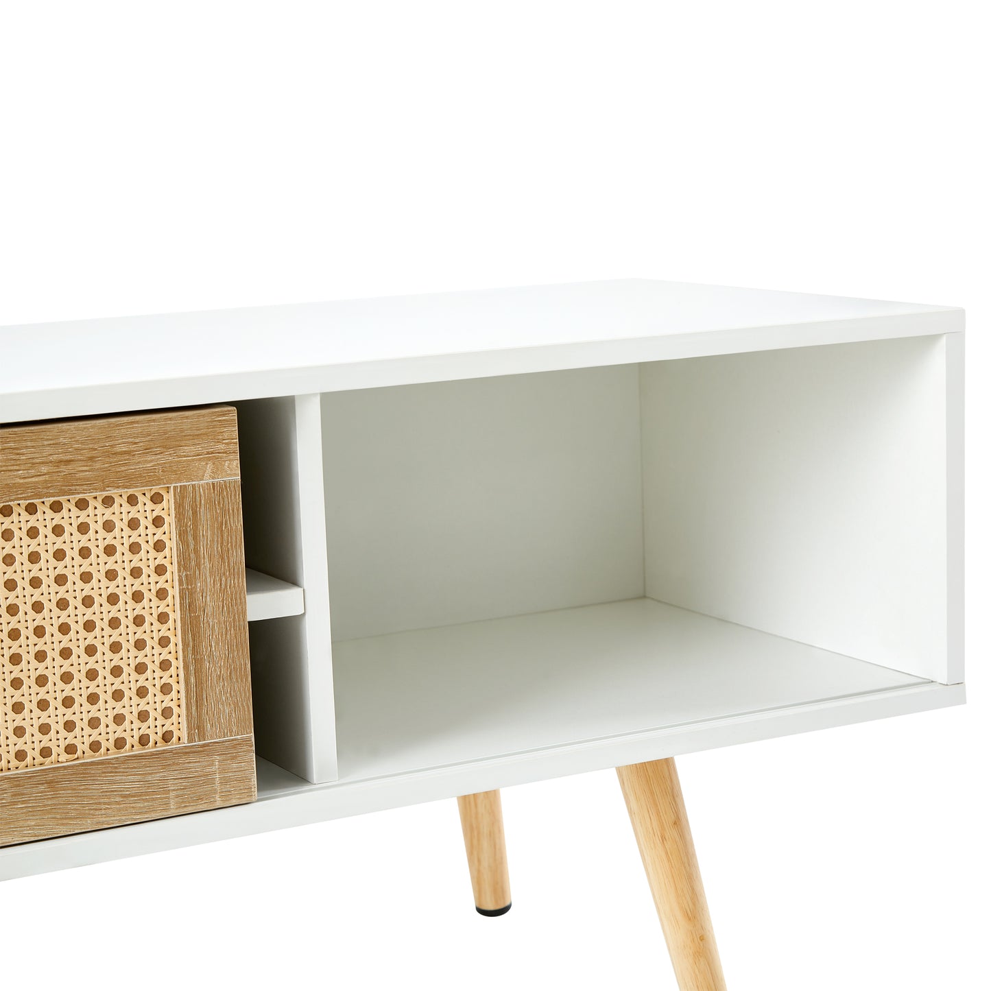 55.12" Rattan TV cabinet double sliding doors for storage adjustable shelf solid wood legs TV console for living room White