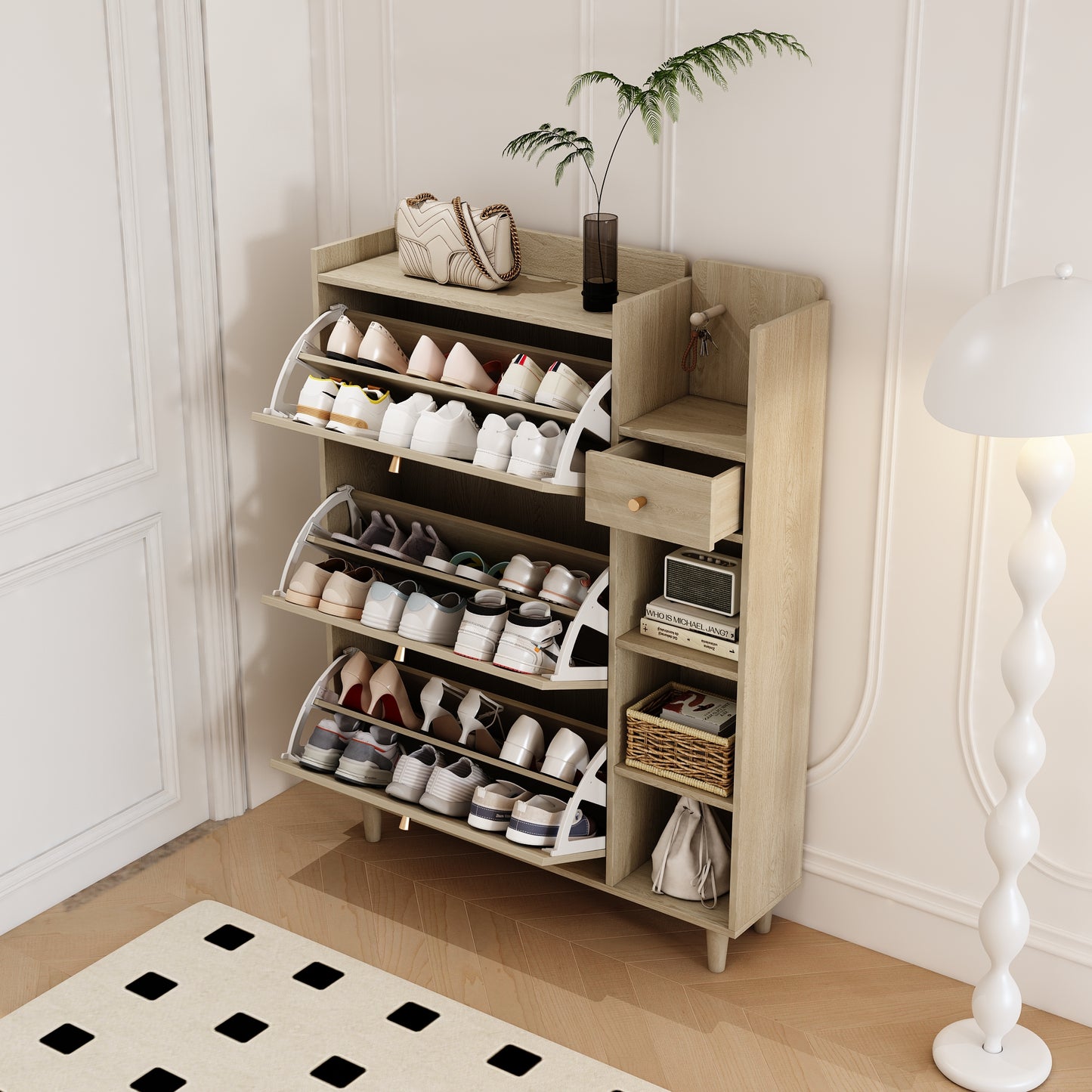 Natural Bohemian style shoe cabinet with 3 rattan flip drawers, 3 square shelves, and 1 storage drawer, Natural