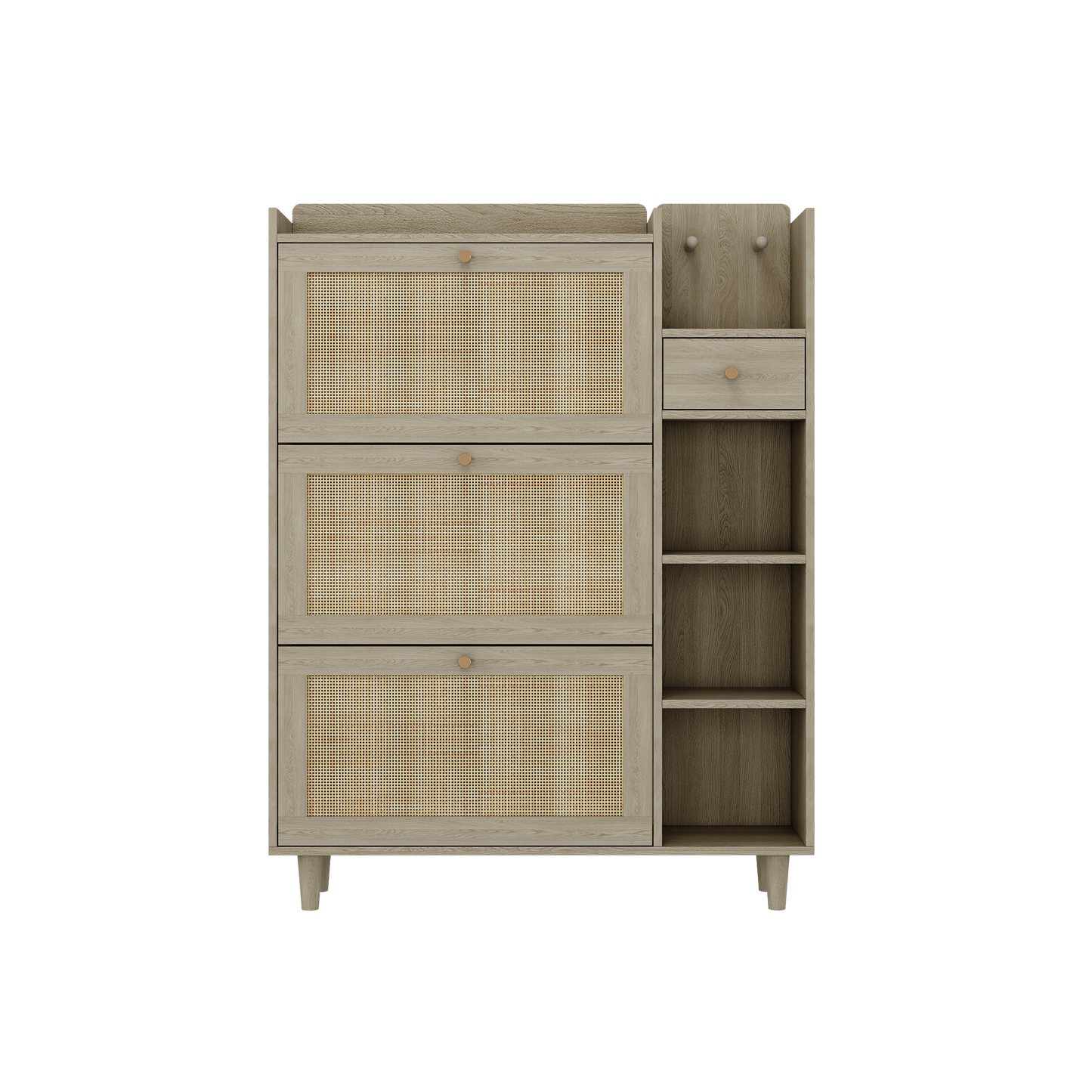 Natural Bohemian style shoe cabinet with 3 rattan flip drawers, 3 square shelves, and 1 storage drawer, Natural