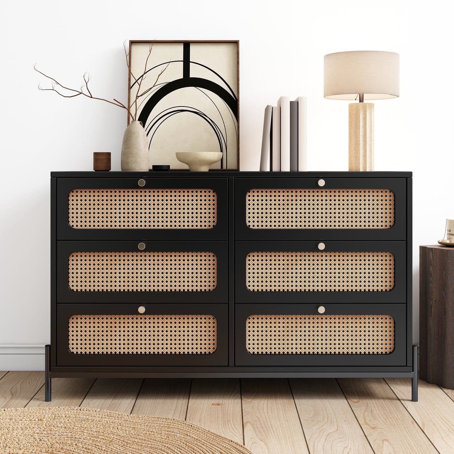 Modern hemp vine wood closet with 6 drawers, dressing table, wooden storage cabinet side panel, black