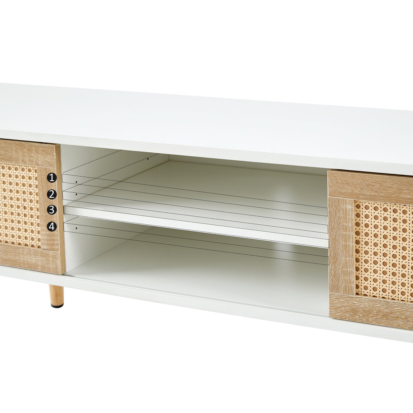 55.12" Rattan TV cabinet double sliding doors for storage adjustable shelf solid wood legs TV console for living room White