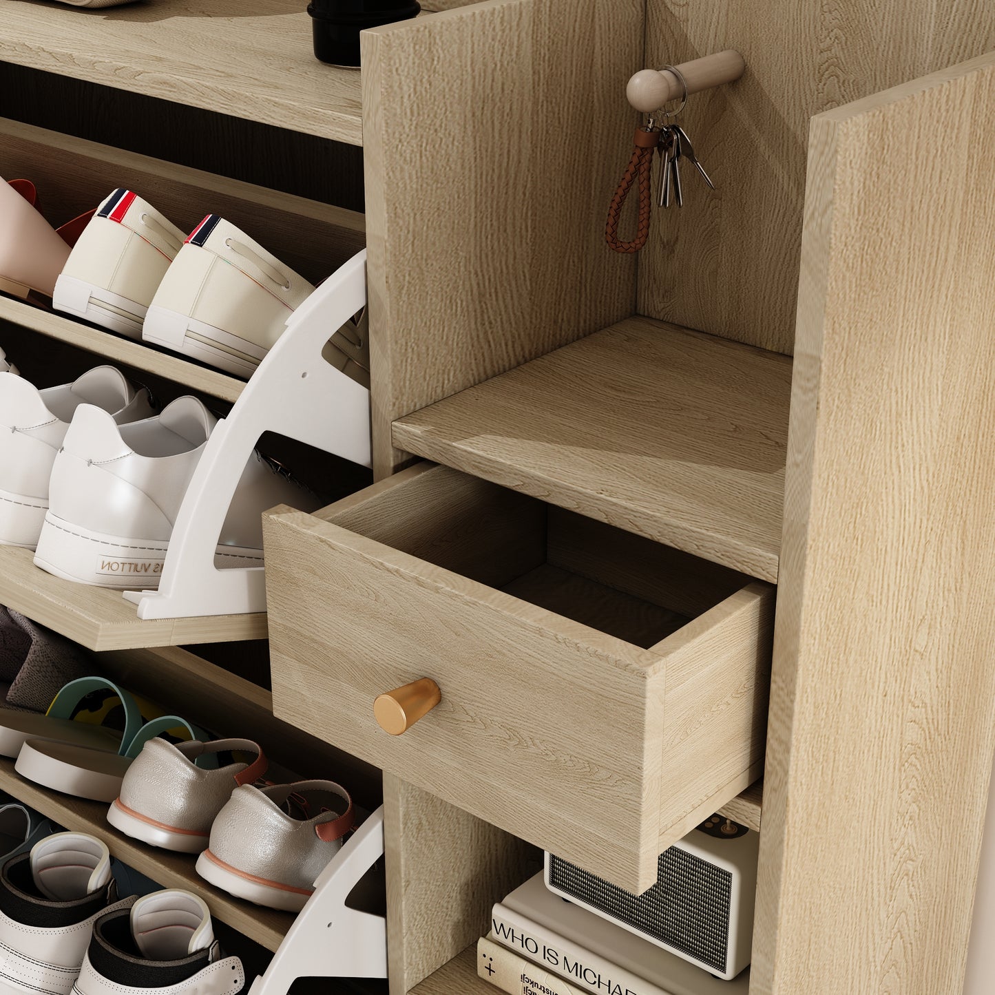 Natural Bohemian style shoe cabinet with 3 rattan flip drawers, 3 square shelves, and 1 storage drawer, Natural
