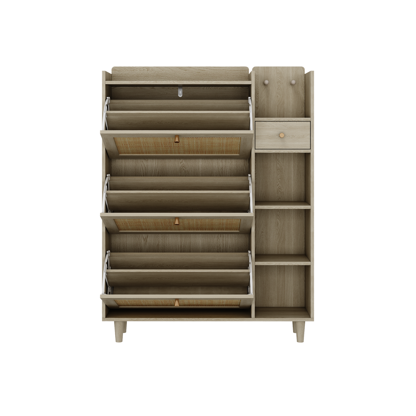 Natural Bohemian style shoe cabinet with 3 rattan flip drawers, 3 square shelves, and 1 storage drawer, Natural