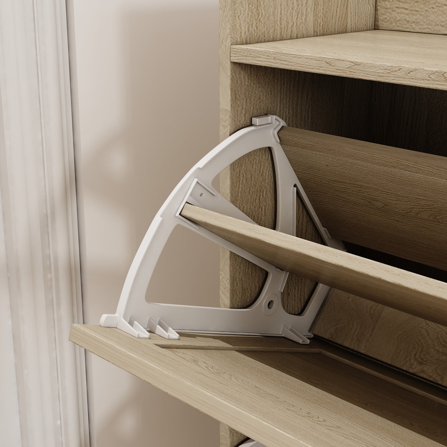 Natural Bohemian style shoe cabinet with 3 rattan flip drawers, 3 square shelves, and 1 storage drawer, Natural