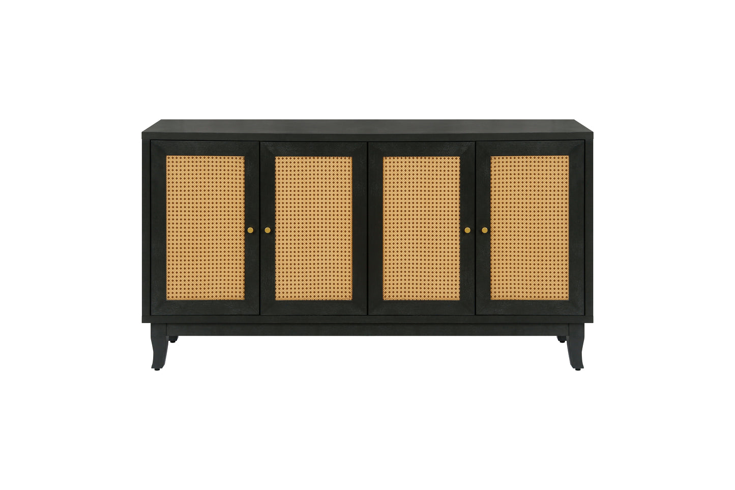 Handcrafted Premium Grain Panels Rattan Sideboard Buffer Cabinet Accent Storage Cabinet With 4 Rattan Doors BLACK