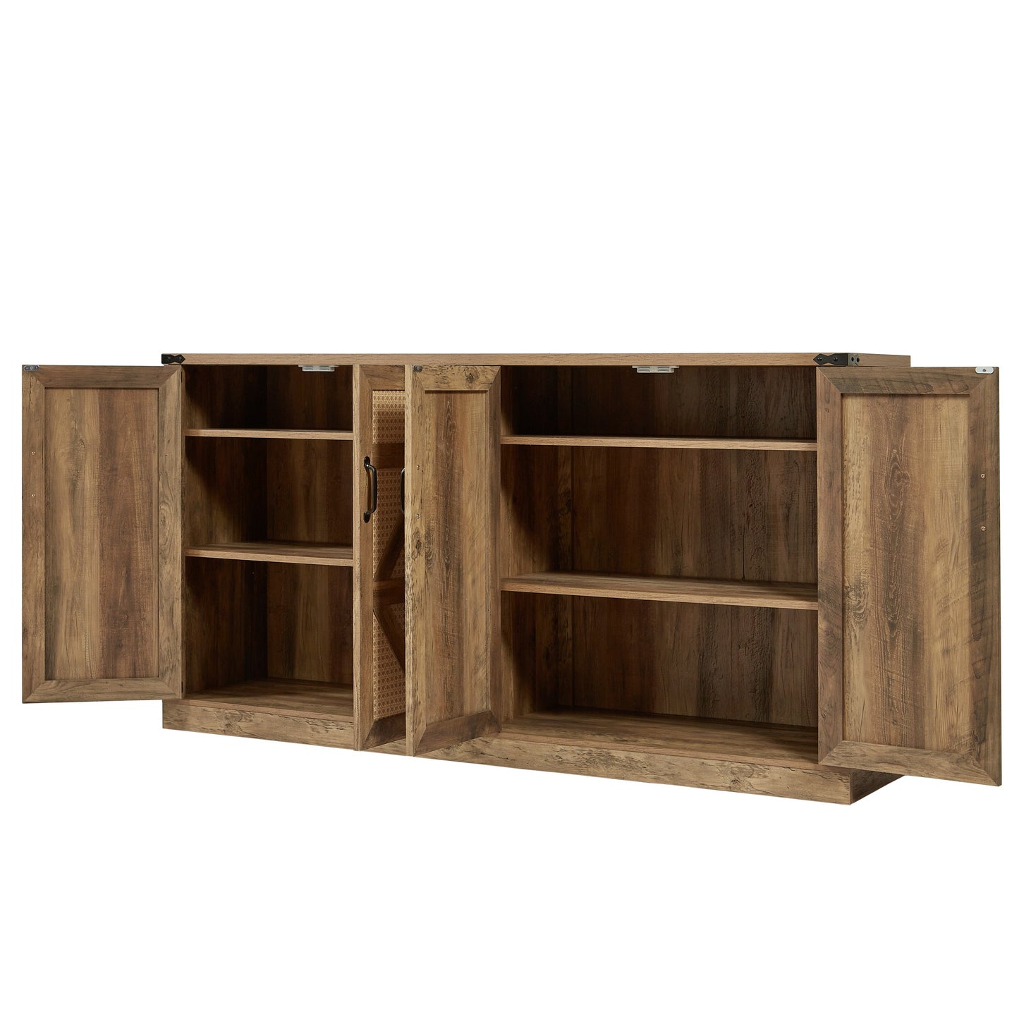 65-Inch Rustic Oak Color Faux Rattan Sideboard, Barn Door Rustic Style Sideboard, Living Room, Entryway, Bedroom