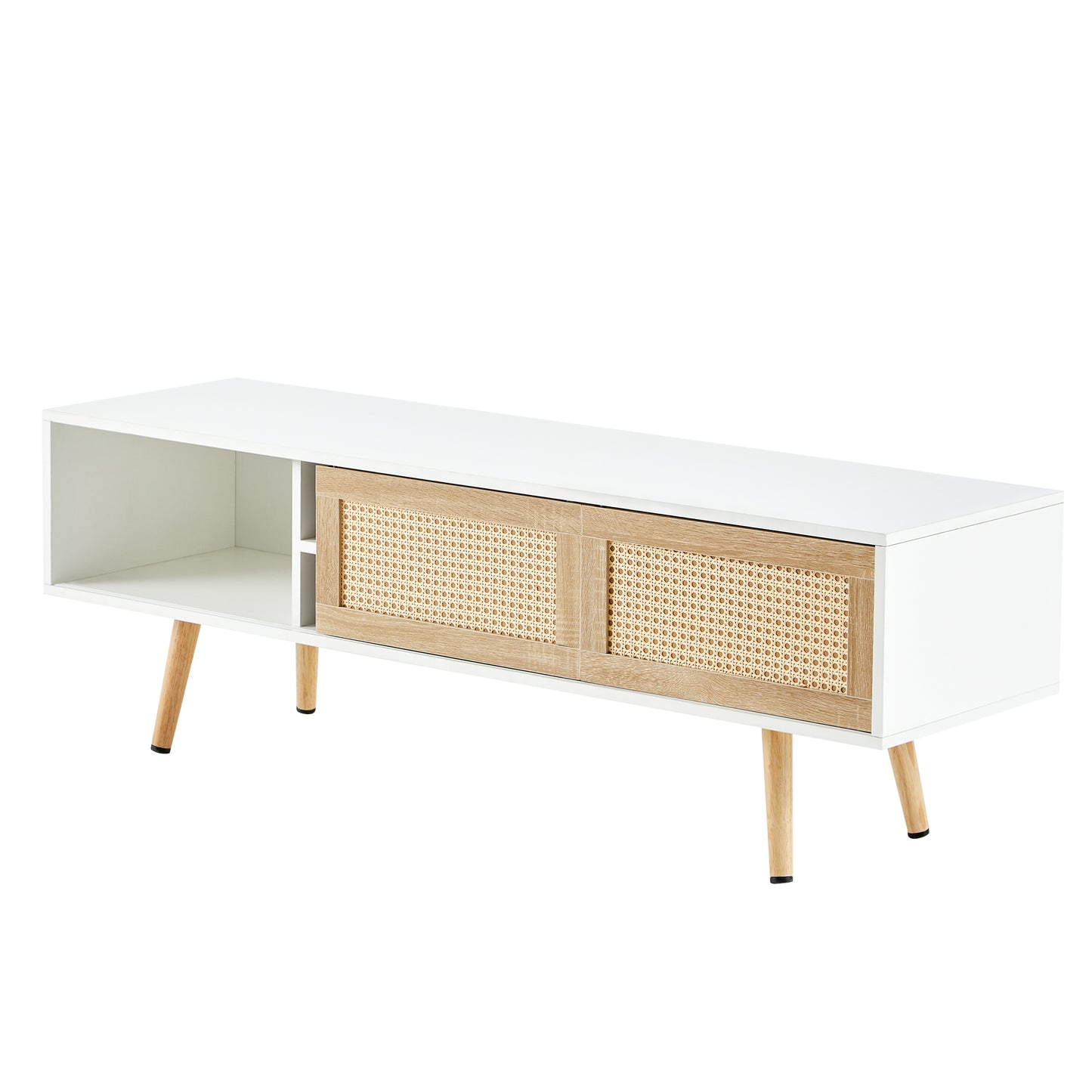 55.12" Rattan TV cabinet double sliding doors for storage adjustable shelf solid wood legs TV console for living room White