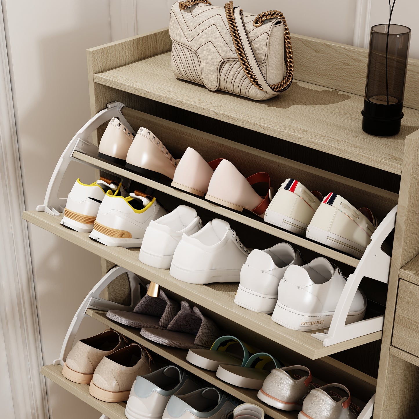 Natural Bohemian style shoe cabinet with 3 rattan flip drawers, 3 square shelves, and 1 storage drawer, Natural