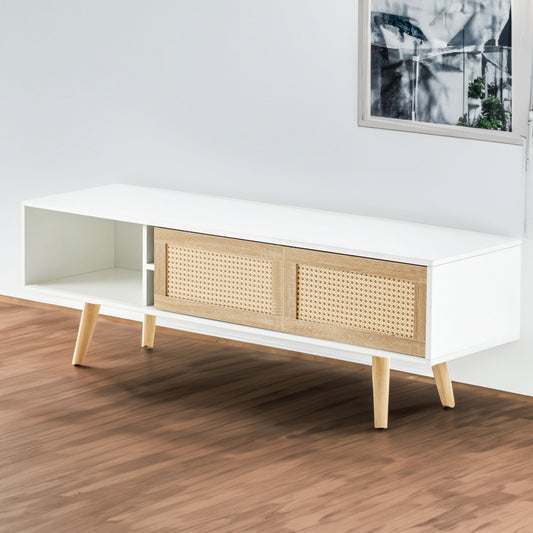 55.12" Rattan TV cabinet double sliding doors for storage adjustable shelf solid wood legs TV console for living room  White