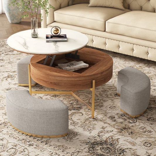 Lift Top Extendable 3 Legs Nesting Coffee Table With Storage 3 Stools Included