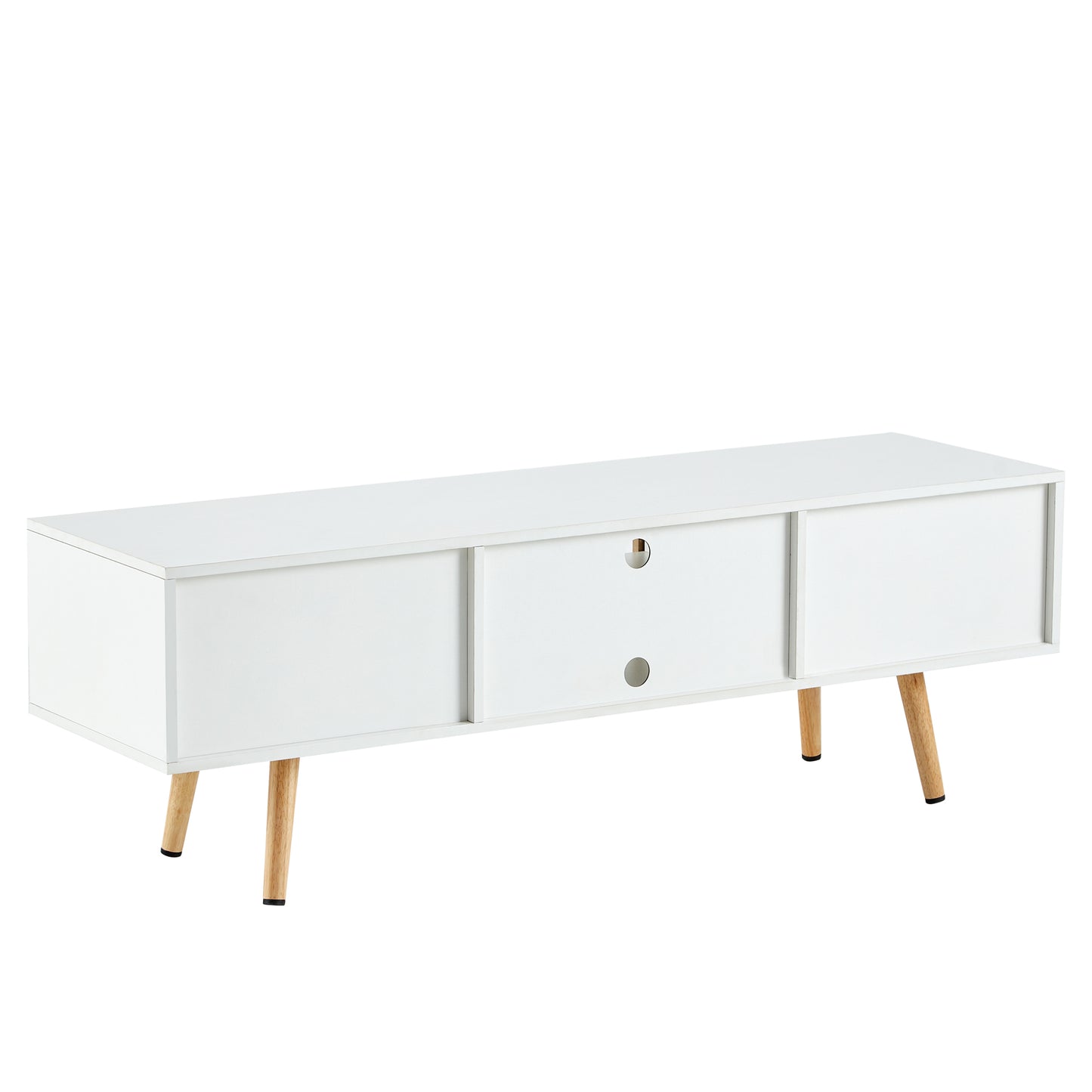 55.12" Rattan TV cabinet double sliding doors for storage adjustable shelf solid wood legs TV console for living room  White