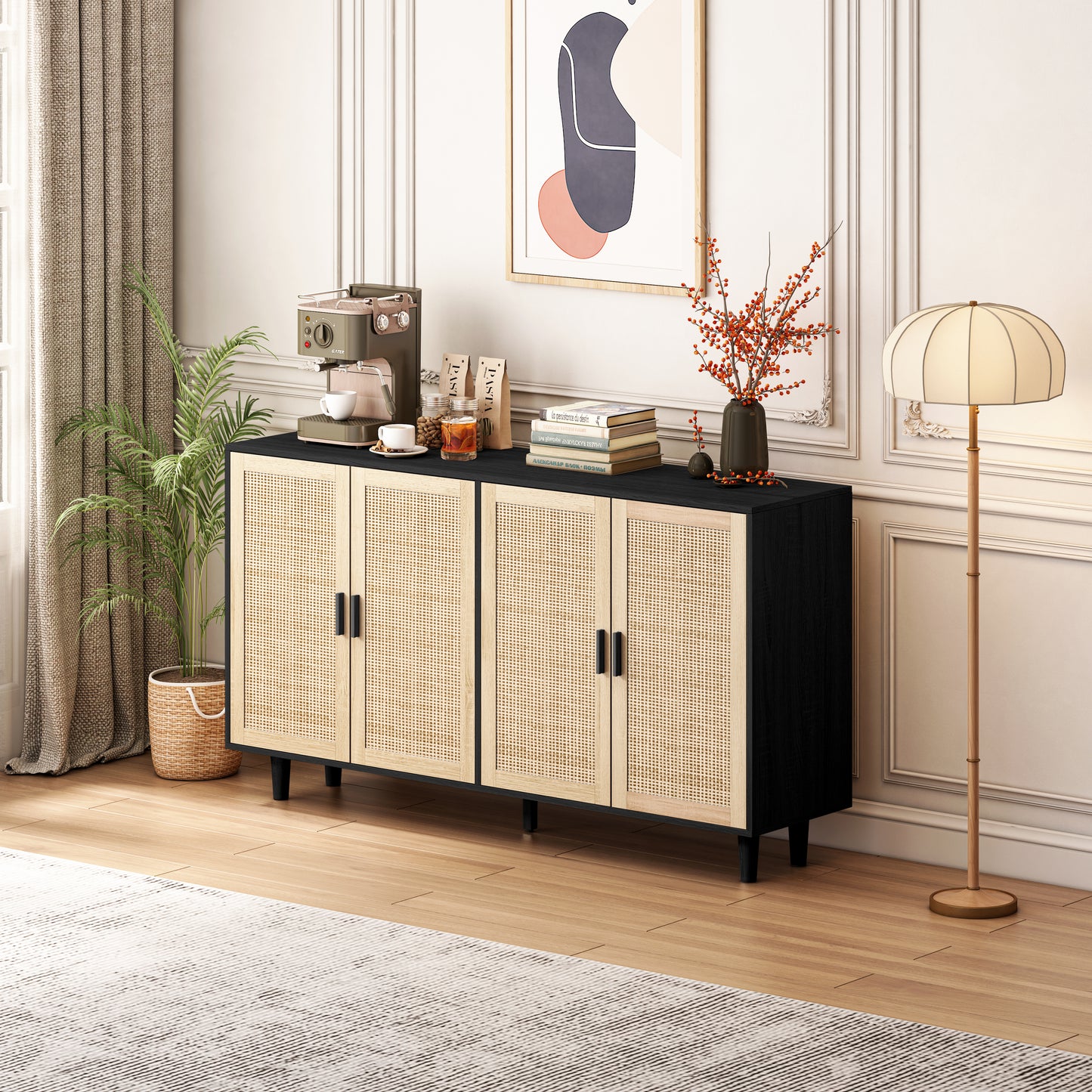 62.20"Elegant and Functional 4-Door Rattan Decorative Storage Cabinet,for Bedroom,Living Room,Office,Easy Assembly,Black