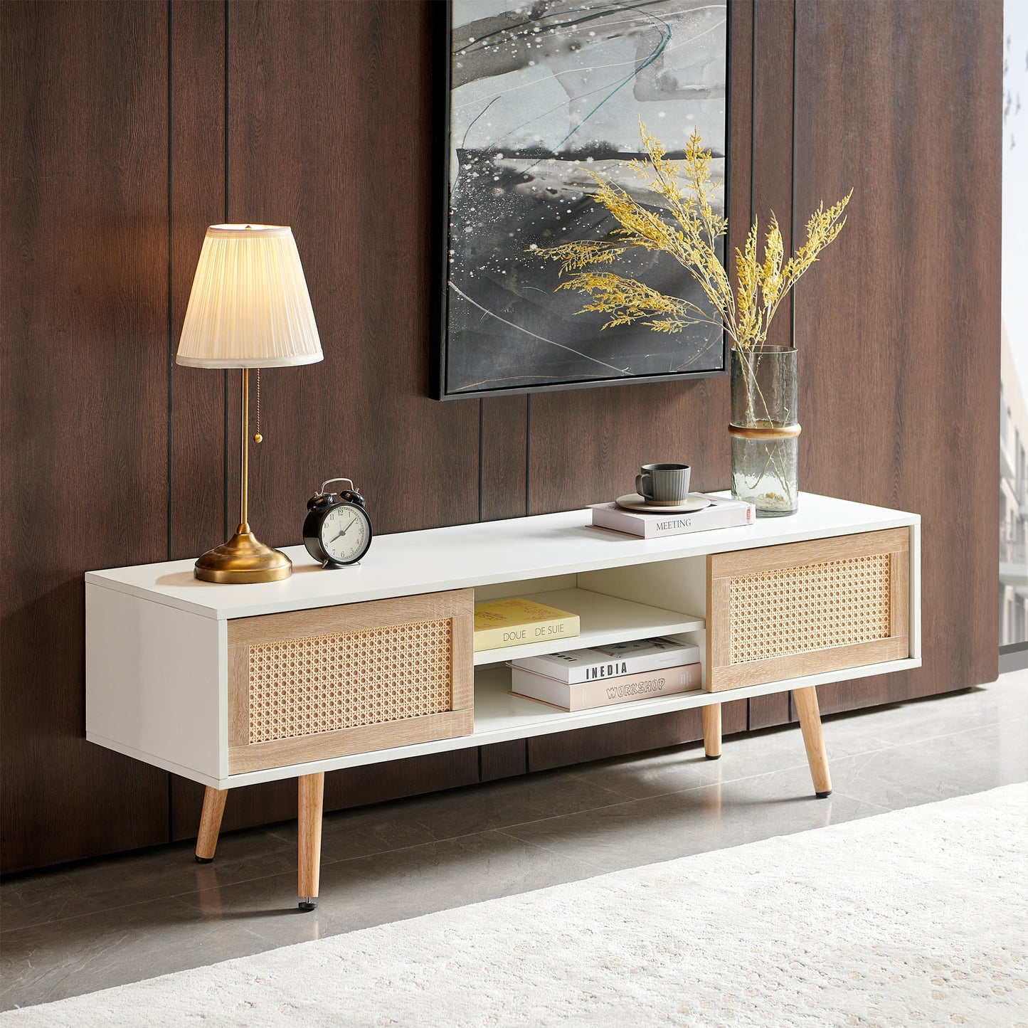 55.12" Rattan TV cabinet double sliding doors for storage adjustable shelf solid wood legs TV console for living room  White