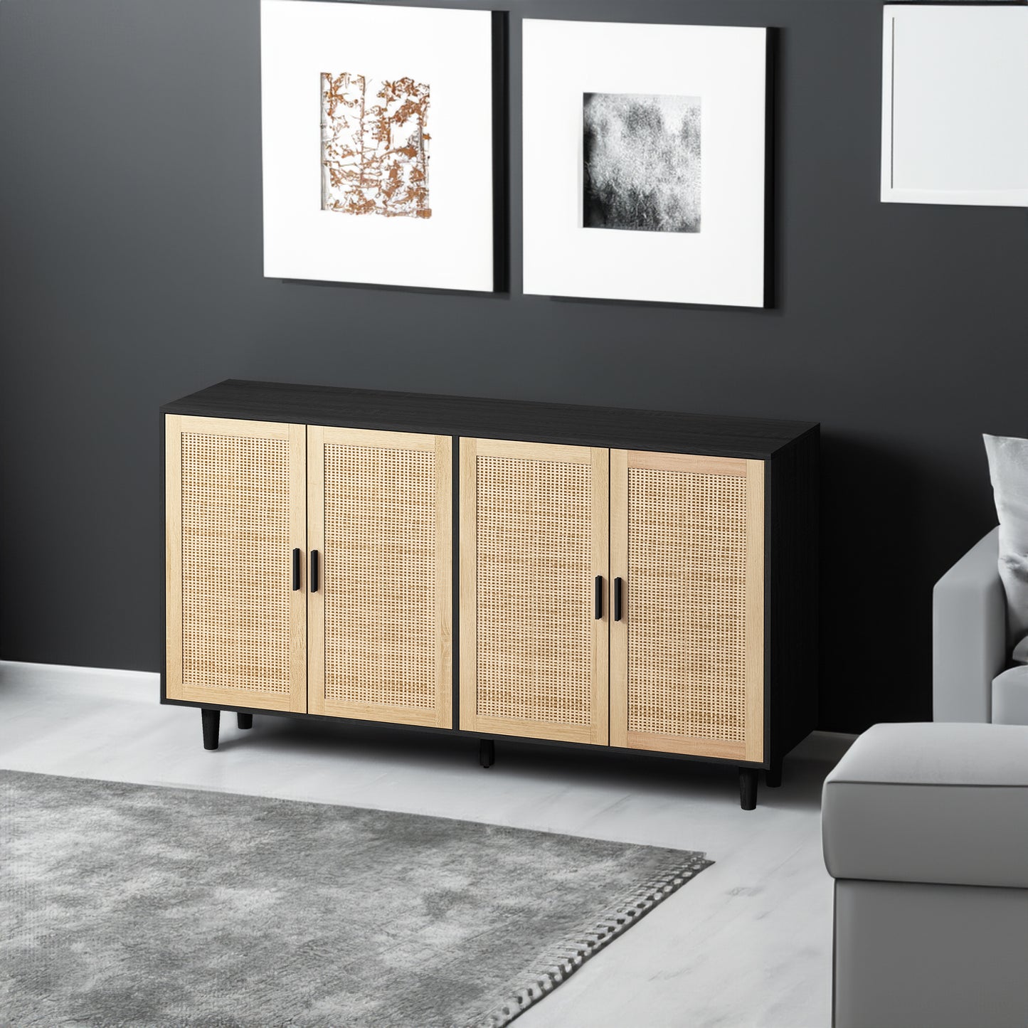 62.20"Elegant and Functional 4-Door Rattan Decorative Storage Cabinet,for Bedroom,Living Room,Office,Easy Assembly,Black