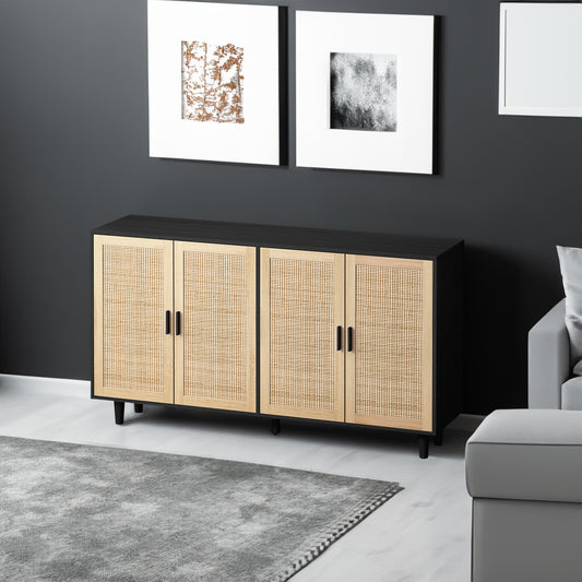 62.20"Elegant and Functional 4-Door Rattan Decorative Storage Cabinet,for Bedroom,Living Room,Office,Easy Assembly,Black