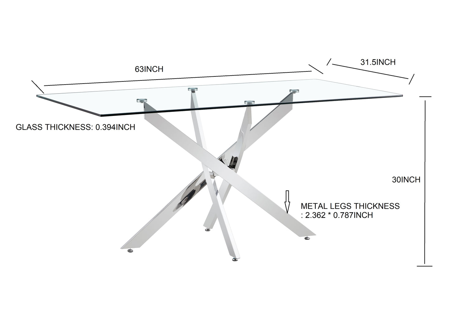 TEMPERED CLEAR GLASS GOLDEN LEG DINNING TABLE 63"