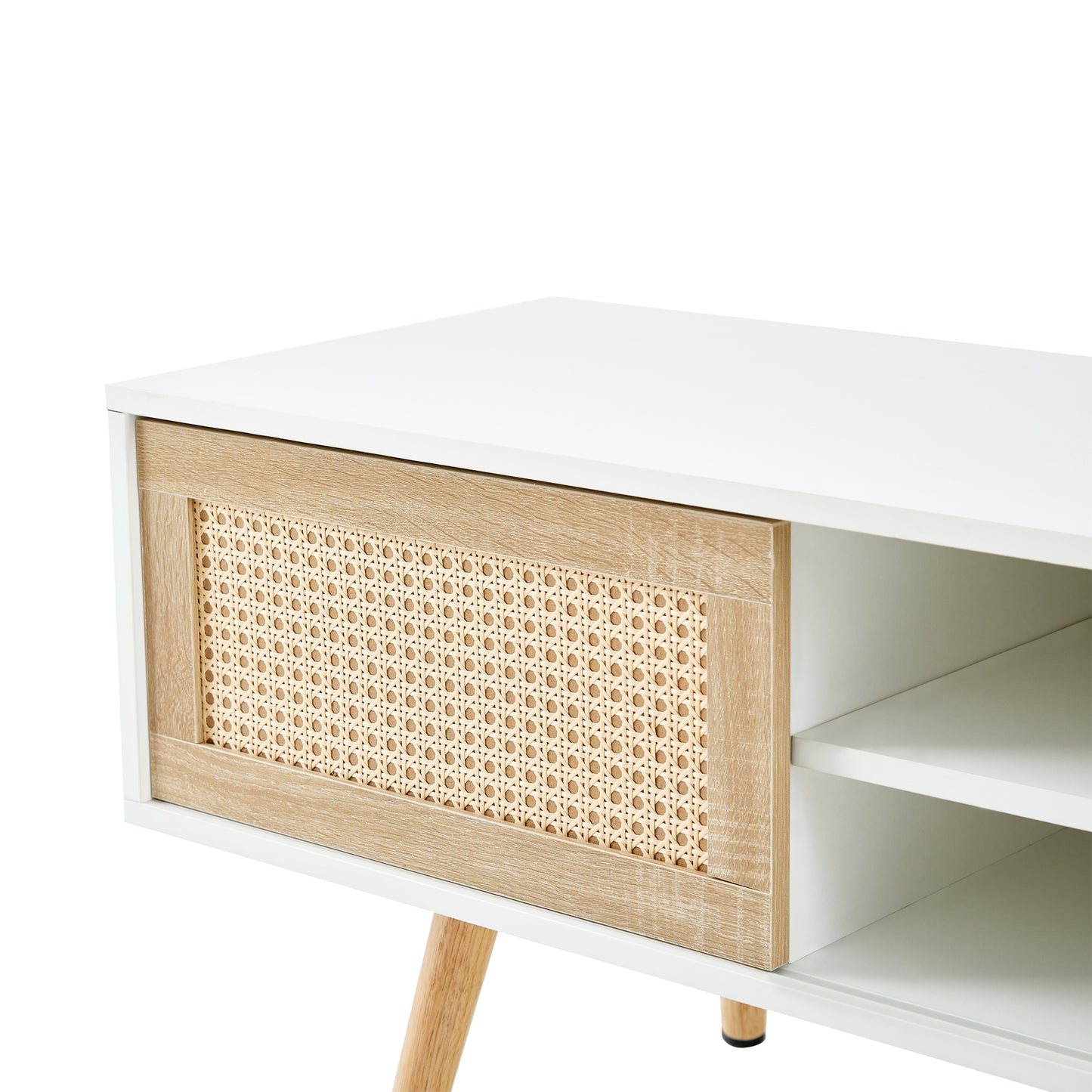55.12" Rattan TV cabinet double sliding doors for storage adjustable shelf solid wood legs TV console for living room  White