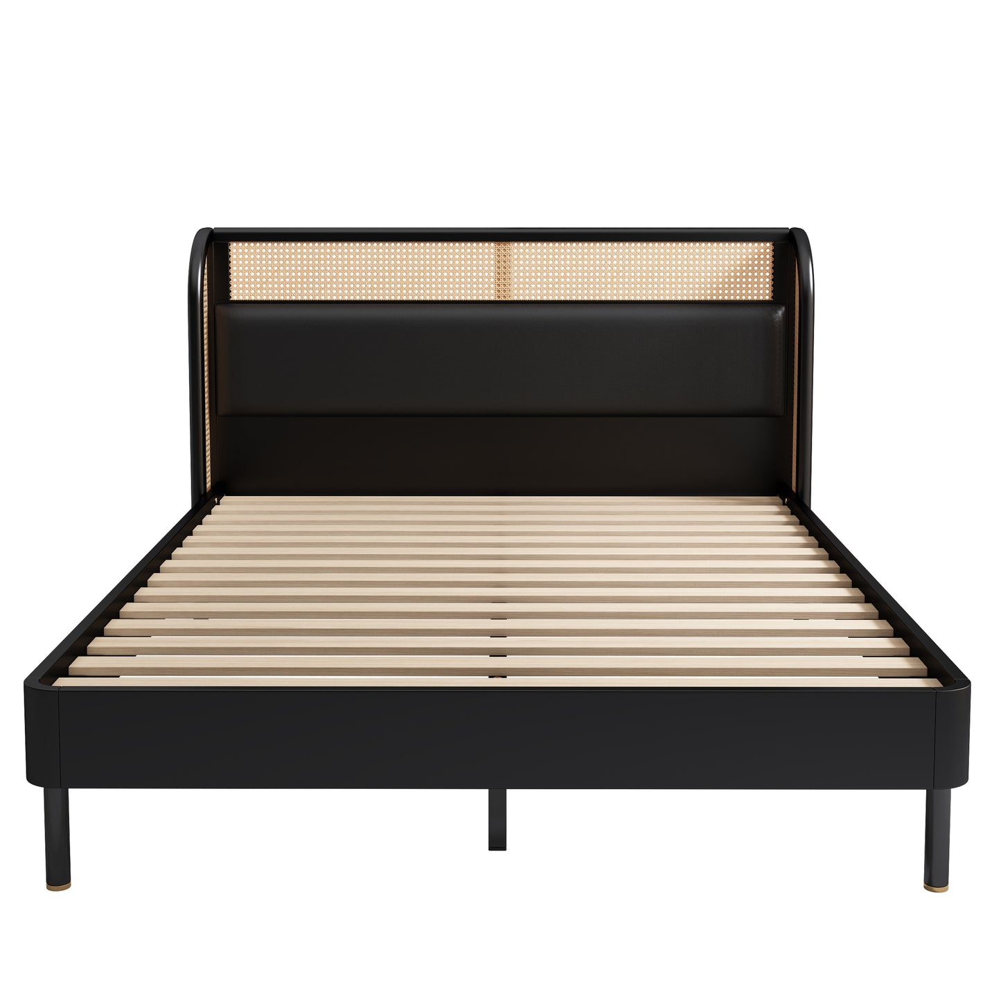 Modern Cannage Rattan Wood Platform Queen Bed Black