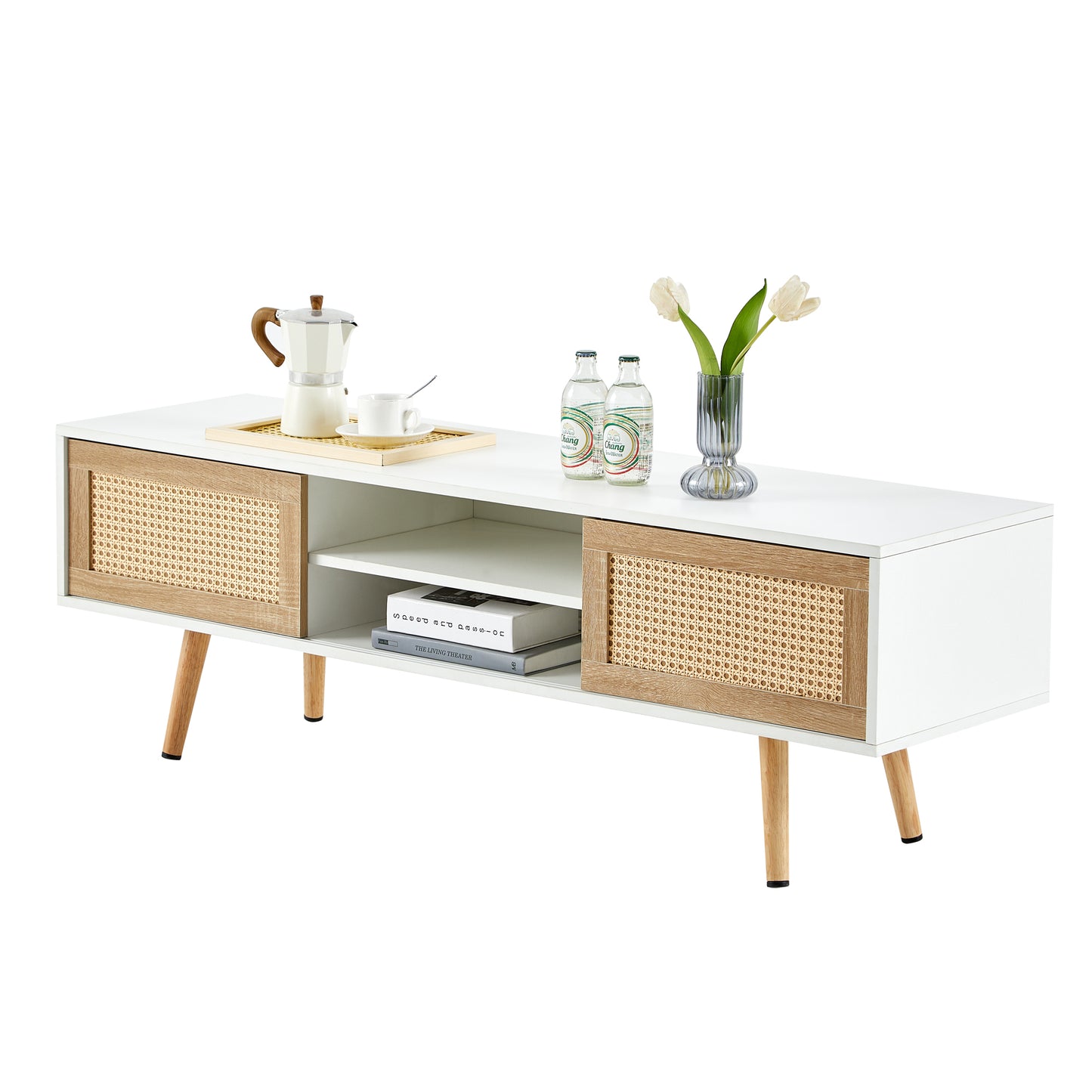 55.12" Rattan TV cabinet double sliding doors for storage adjustable shelf solid wood legs TV console for living room  White