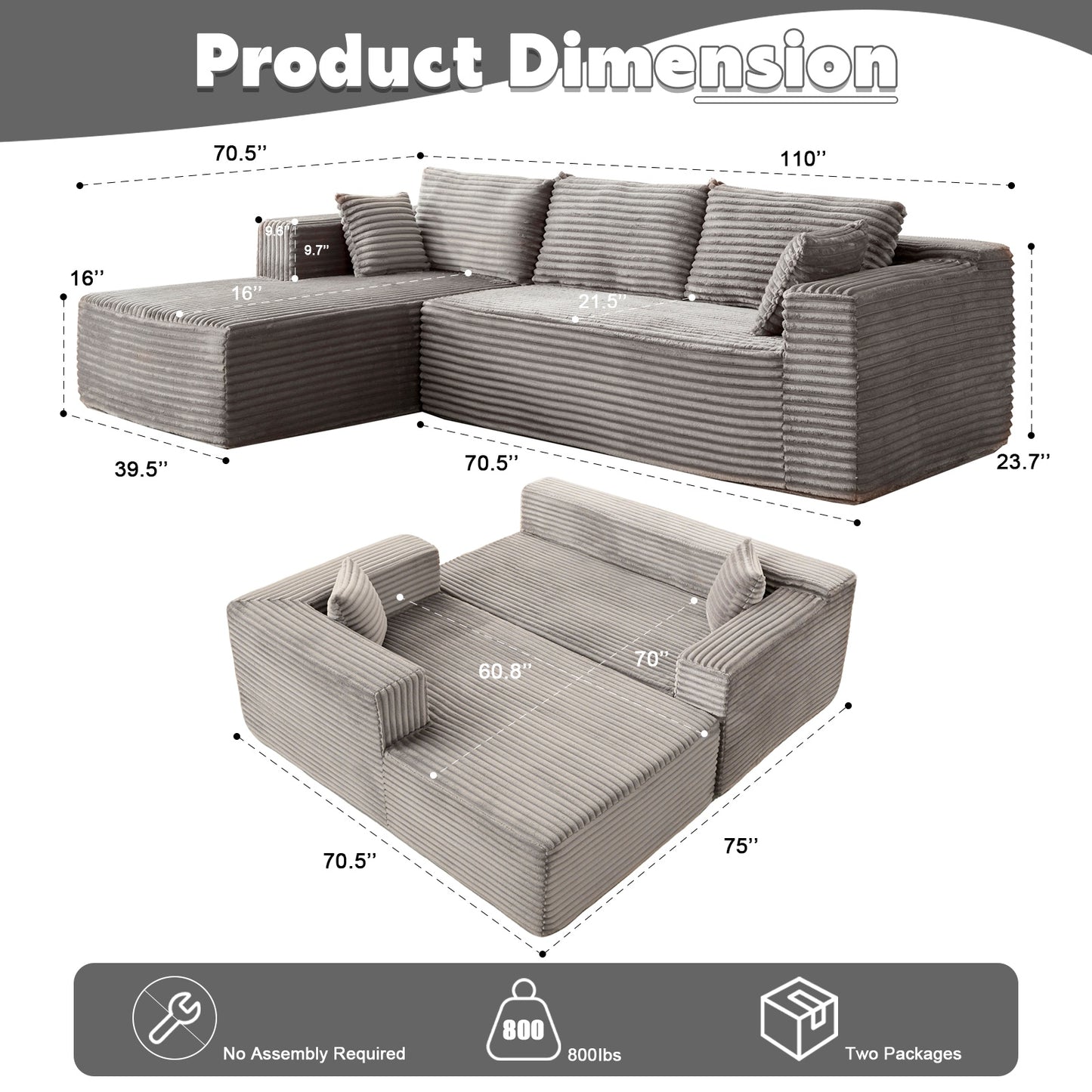 L-Shaped Compressed Gray Sofa Bed
