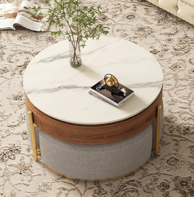 Lift Top Extendable 3 Legs Nesting Coffee Table With Storage 3 Stools Included